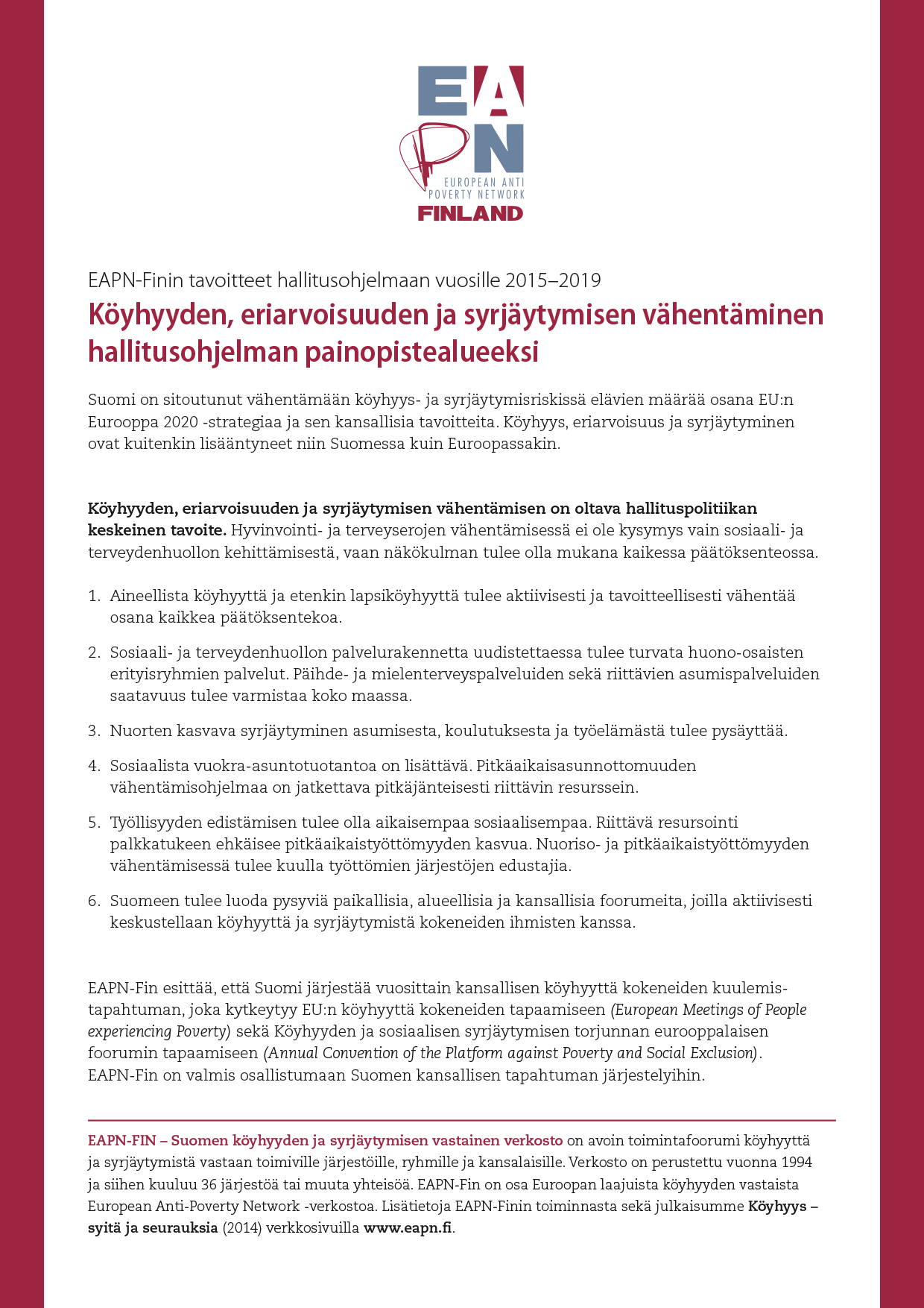 EAPN-Finin hallitusohjelmatavoitteet 2015-2019