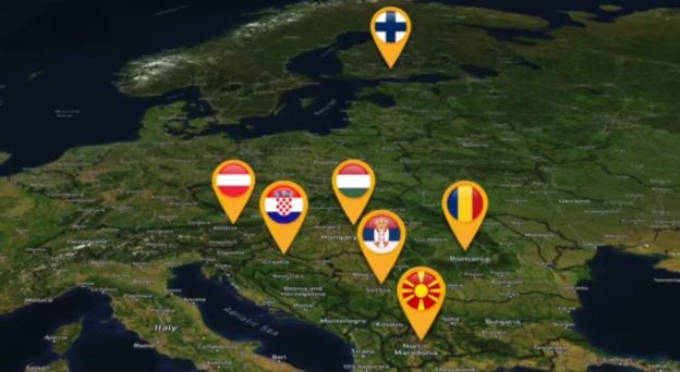 Euroopan kartta, jossa näytetään seitsemän maata kuvakkein.