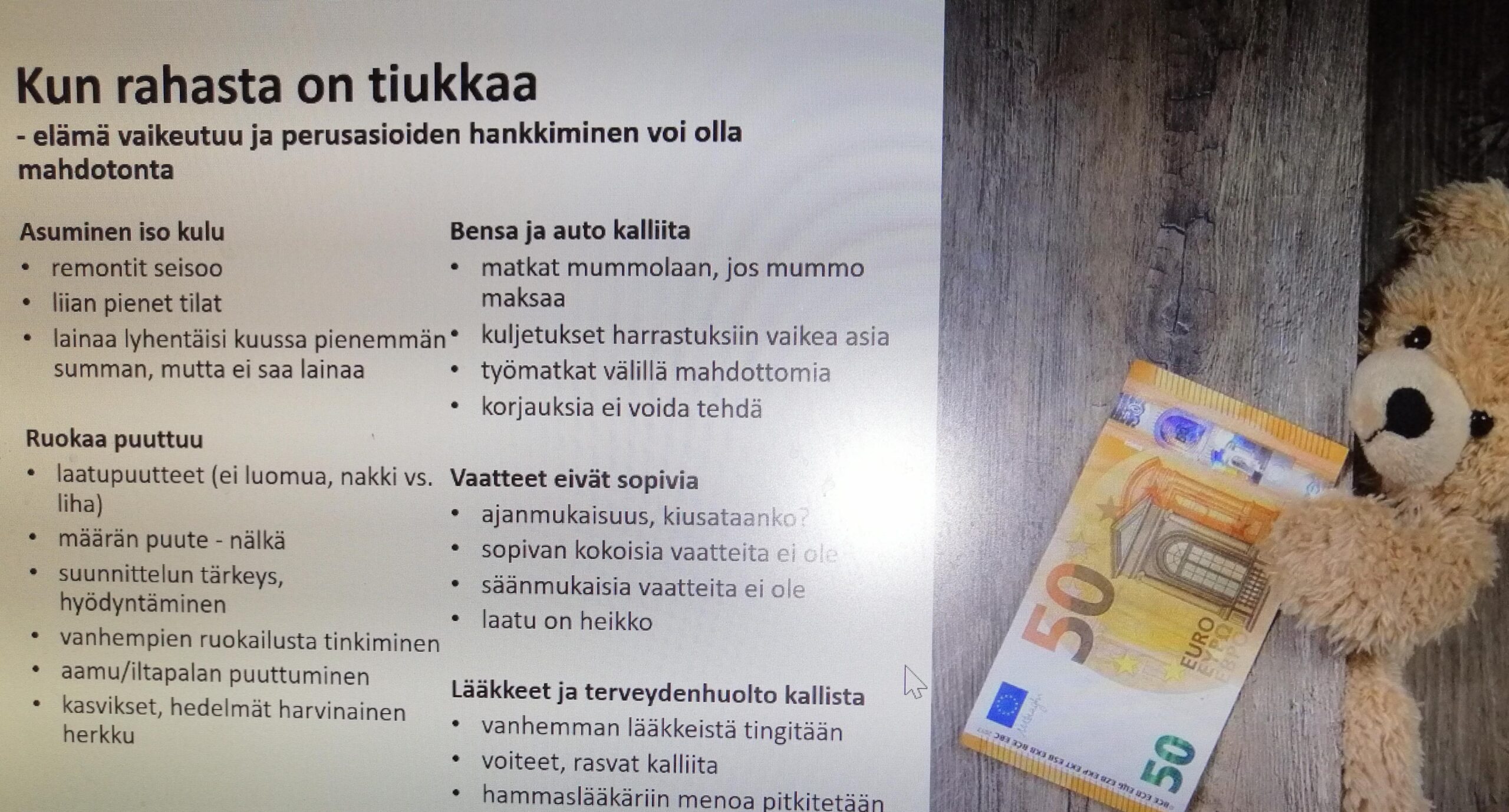 Pehmonalle, jolla kädessä 50 euroa, joka ei riitä kuvassa mainittuihin menoihin.